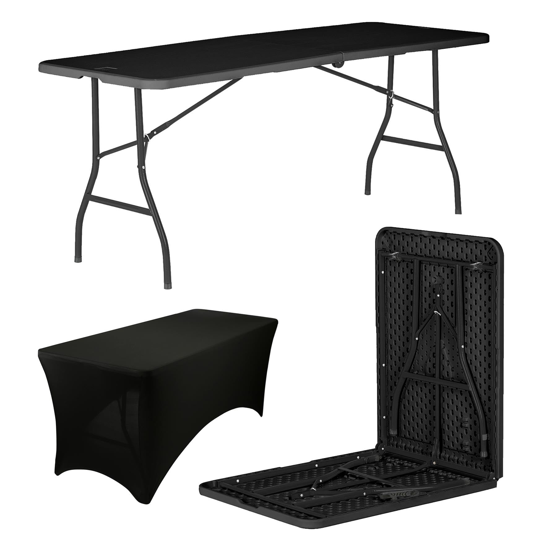 Harbour Housewares Folding Camping Picnic Table with Fitted Tablecloth - 180cm (6ft) - Black/Black - 1x Foldable Portable Plastic Outdoor Garden Dining Party Display Furniture