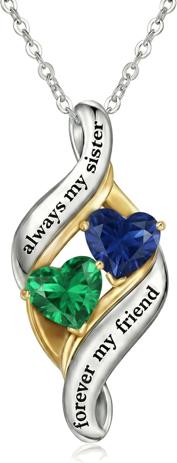 CRMAD Sister Necklace for Women Double Birthston Pendant Always My Sisters Forever My Friend Jewelry Anniversary Birthday Christmas Gifts for Her Sister