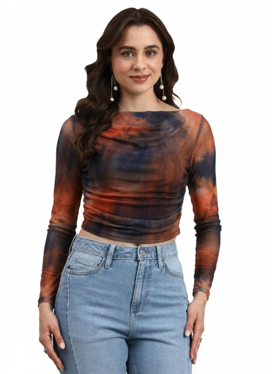 Women Printed Mesh Crop Top with Lining Full Sleeve Power Net Western Top-image-28