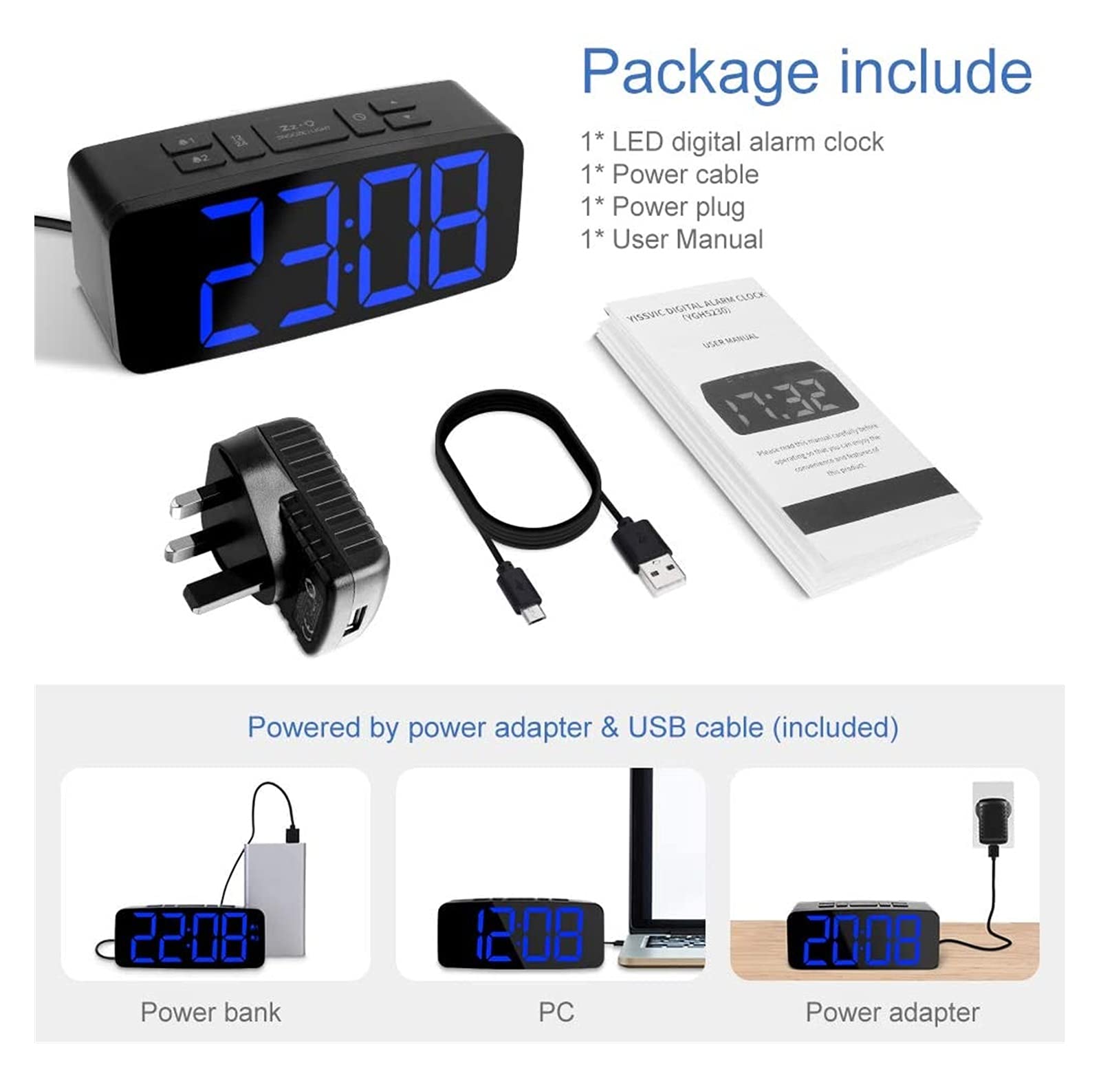 JJJ WTL Despertador Reloj de Alarma Digital 6,3 Pulgadas DIRIGIÓ Relojes de Noche Relojes 2 Alarmas de 6 Niveles Brillo Snooze Función 12 / 24H Mostrar Red eléctrica con Adaptador