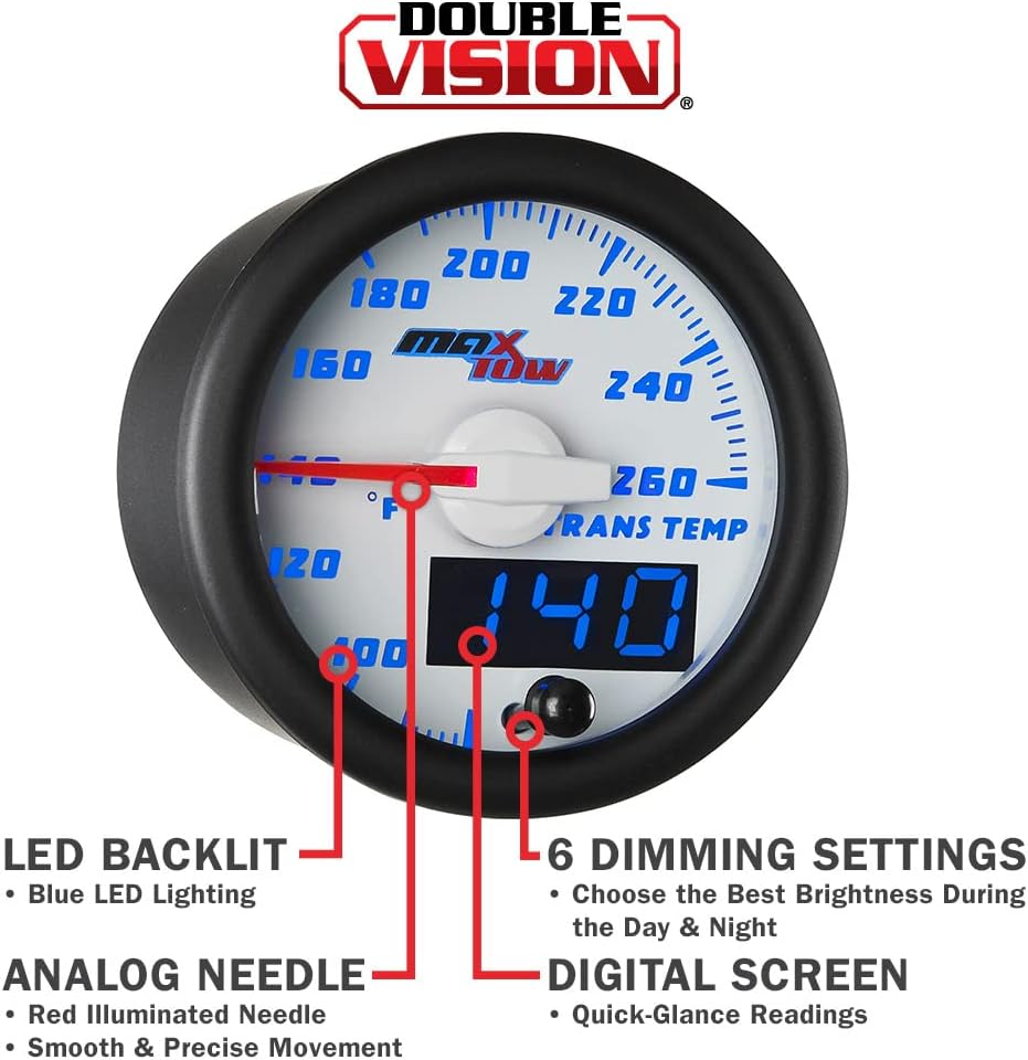 MaxTow Double Vision 260 F Transmission Temperature Gauge Kit - Includes Electronic Sensor - White Gauge Face - Blue LED Illuminated Dial - Analog & Digital Readouts - for Trucks - 2-1/16" 52mm
