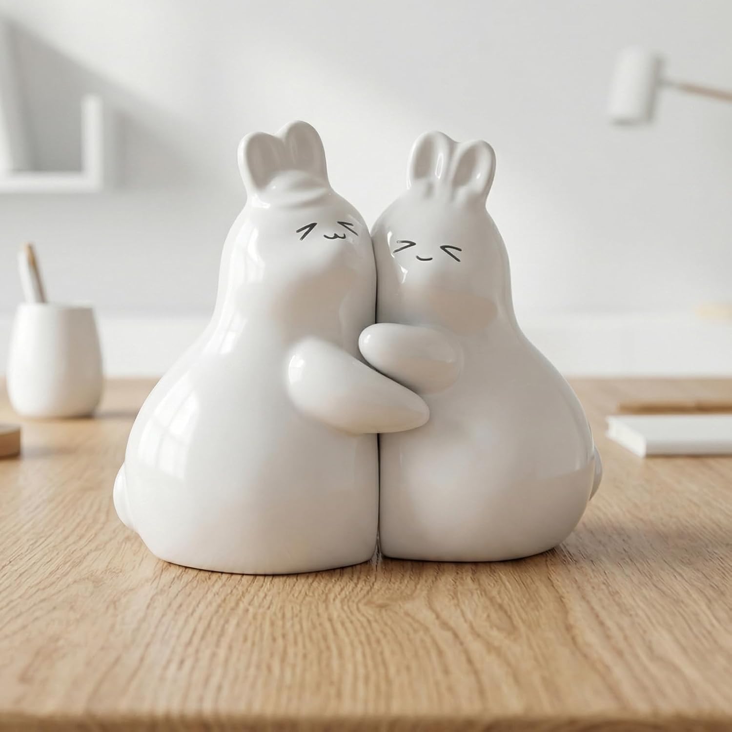 Cute Rabbit Decorative Bookends White, Ceramic Unique Book Holders for Shelves, Heavy Duty Book Ends Stopper for Home Office Desk Bookshelf Decoration