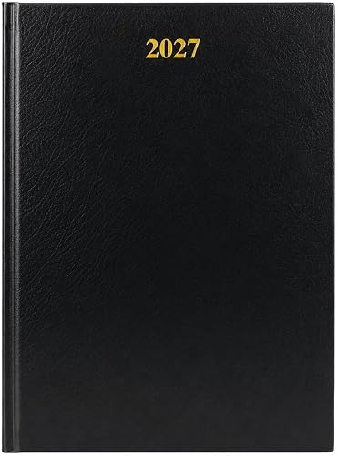 2027 Hardcover Diary Black Leatherette Cover A5 | Gold Foil Year Print, Daily Planner, Professional Design, Hardbound Cover, Office & Business Use