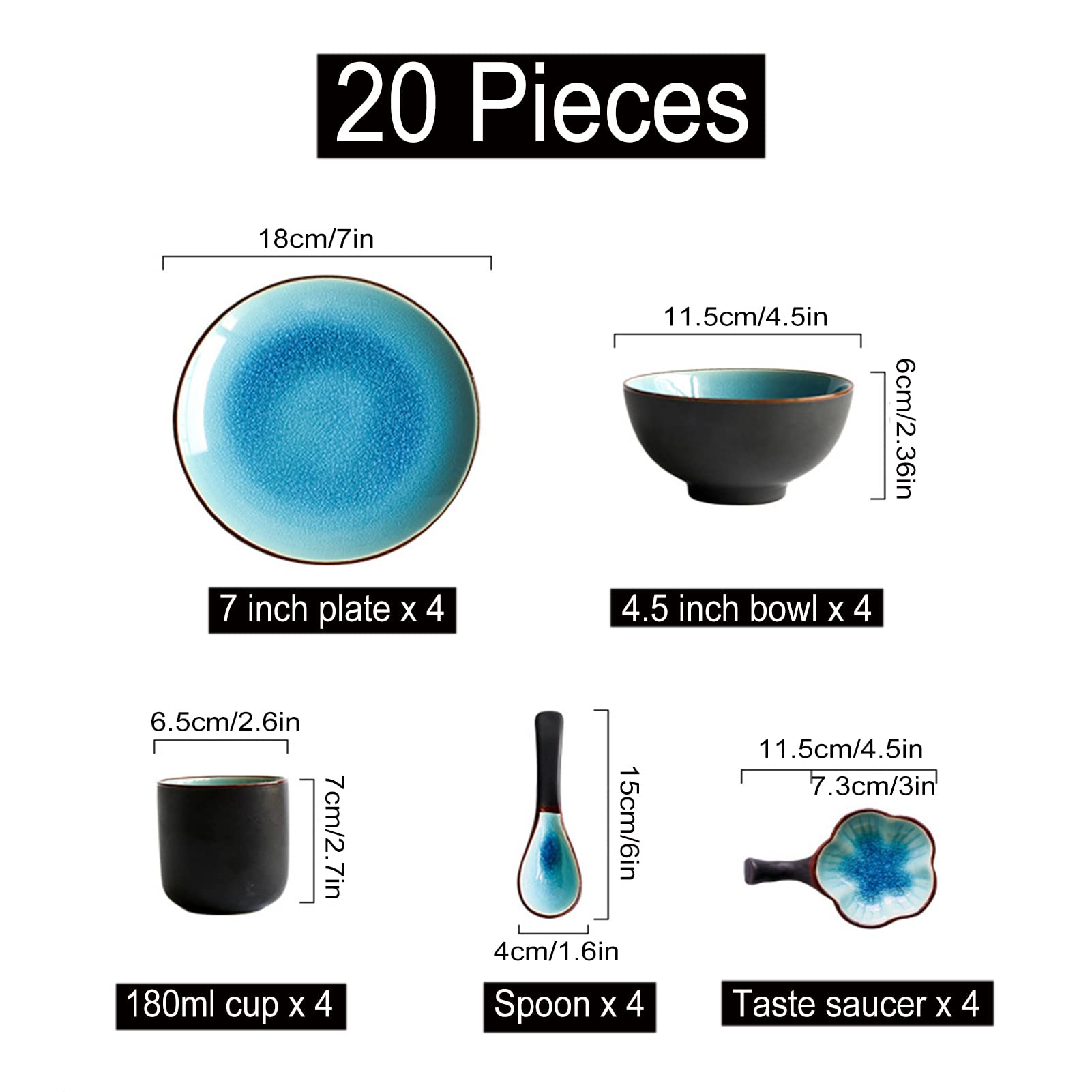 20-częściowy porcelanowy zestaw naczyń z 4 talerzami, 4 miseczkami, 4 filiżankami, 4 łyżkami i 4 spodkami, kompletny zestaw naczyń dla 4 osób, można myć w zmywarce