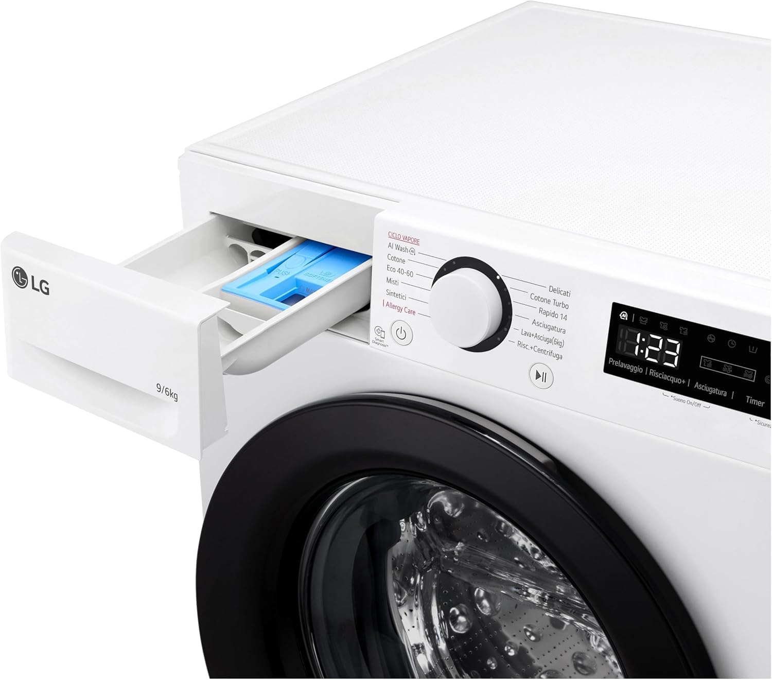 LG AI DD D4R3009NSWB Lavasciuga 9 / 6kg Serie R3 Classe A-10%/D, Lavatrice e Asciugatrice Insieme, 1400 giri, Lavaggio a Vapore, Eco Hybrid, Allergy Care, Motore Inverter Direct Drive, Bianca