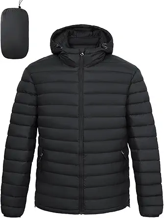Men's Lightweight Packable Puffer Jacket Hooded High Collar Insulated Water-Resistant Winter Jackets Puffy Coat