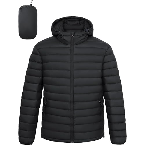 Men's Lightweight Packable Puffer Jacket Hooded High Collar Insulated Water-Resistant Winter Jackets Puffy Coat