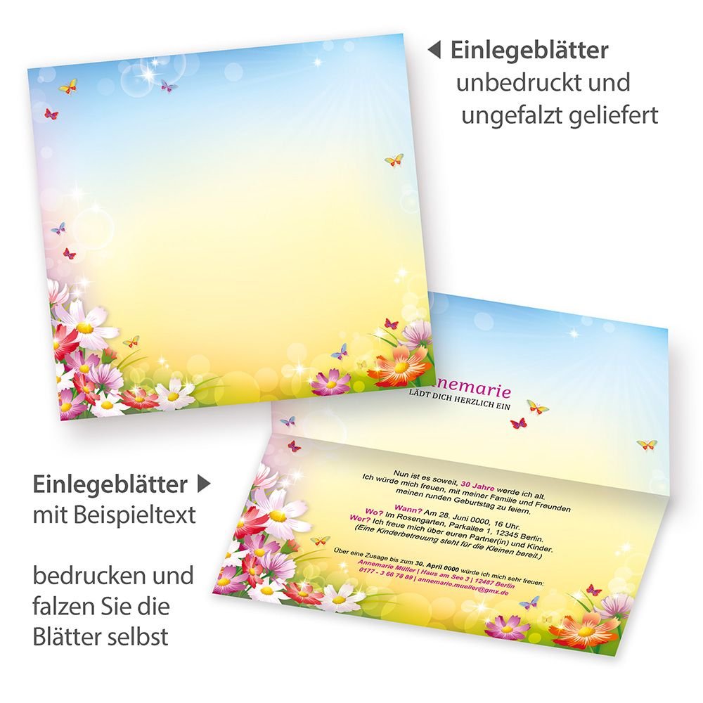 tatmotive FLORENTINA Einladungskarten Geburtstag (20 Sets) selbst bedruckbar, mit Umschlag, für Frauen