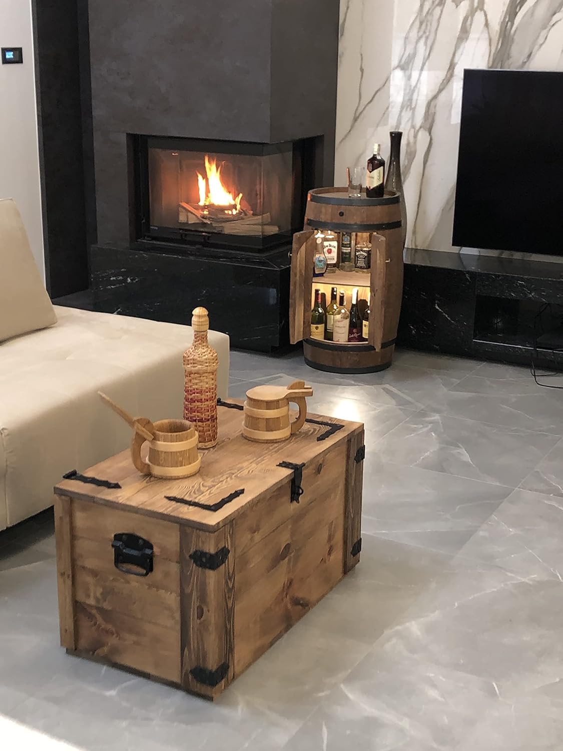 weeco Drewniana skrzynia na cztery koła, drewniana skrzynia w kształcie kuferka w stylu vintage, loft, z rozkładaną pokrywą i miejscem do przechowywania