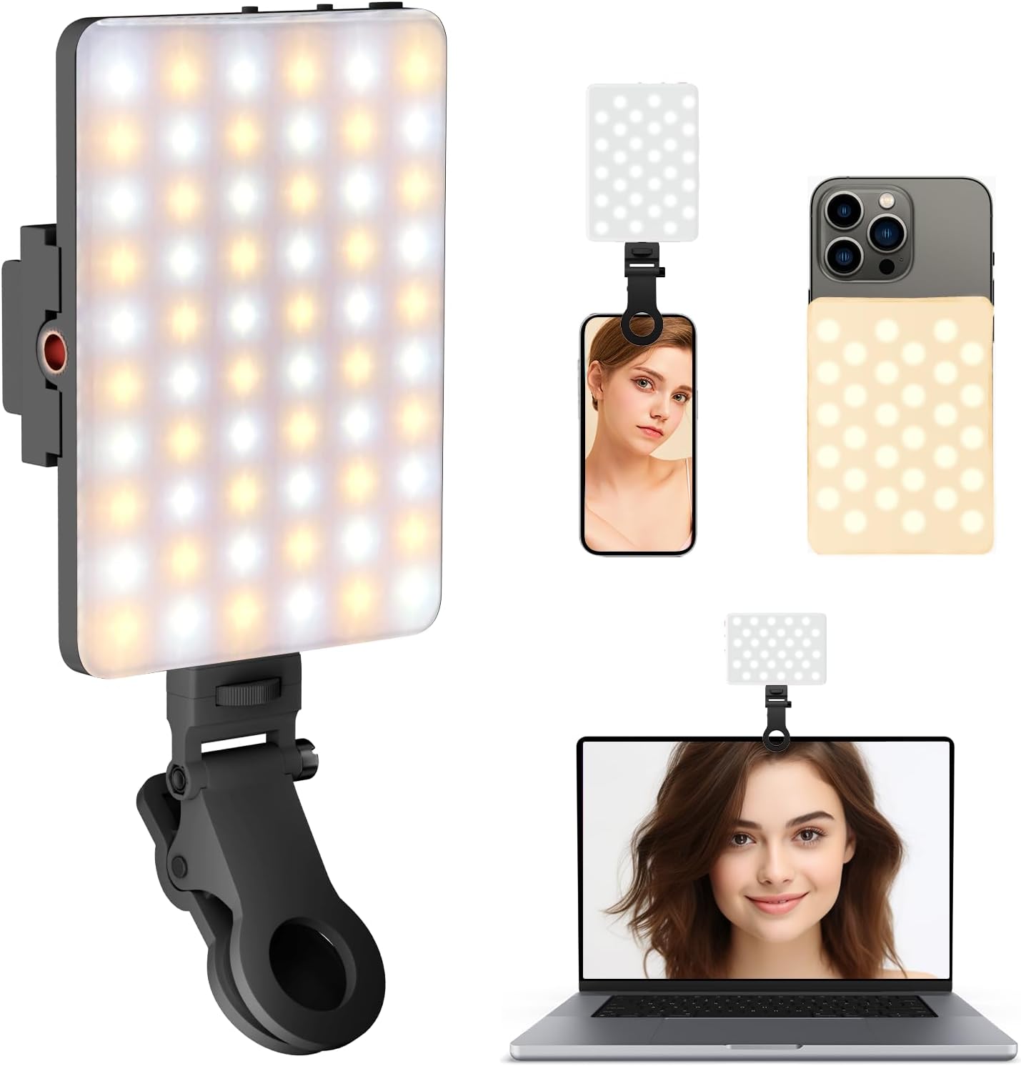 Rechargeable Clip Selfie Light,60 LED Portable Video Conference Fill with Adjusted 3 Modes for Cell Phone, Android, iPhone, IPad, Laptop, TikTok, Makeup, Vlog