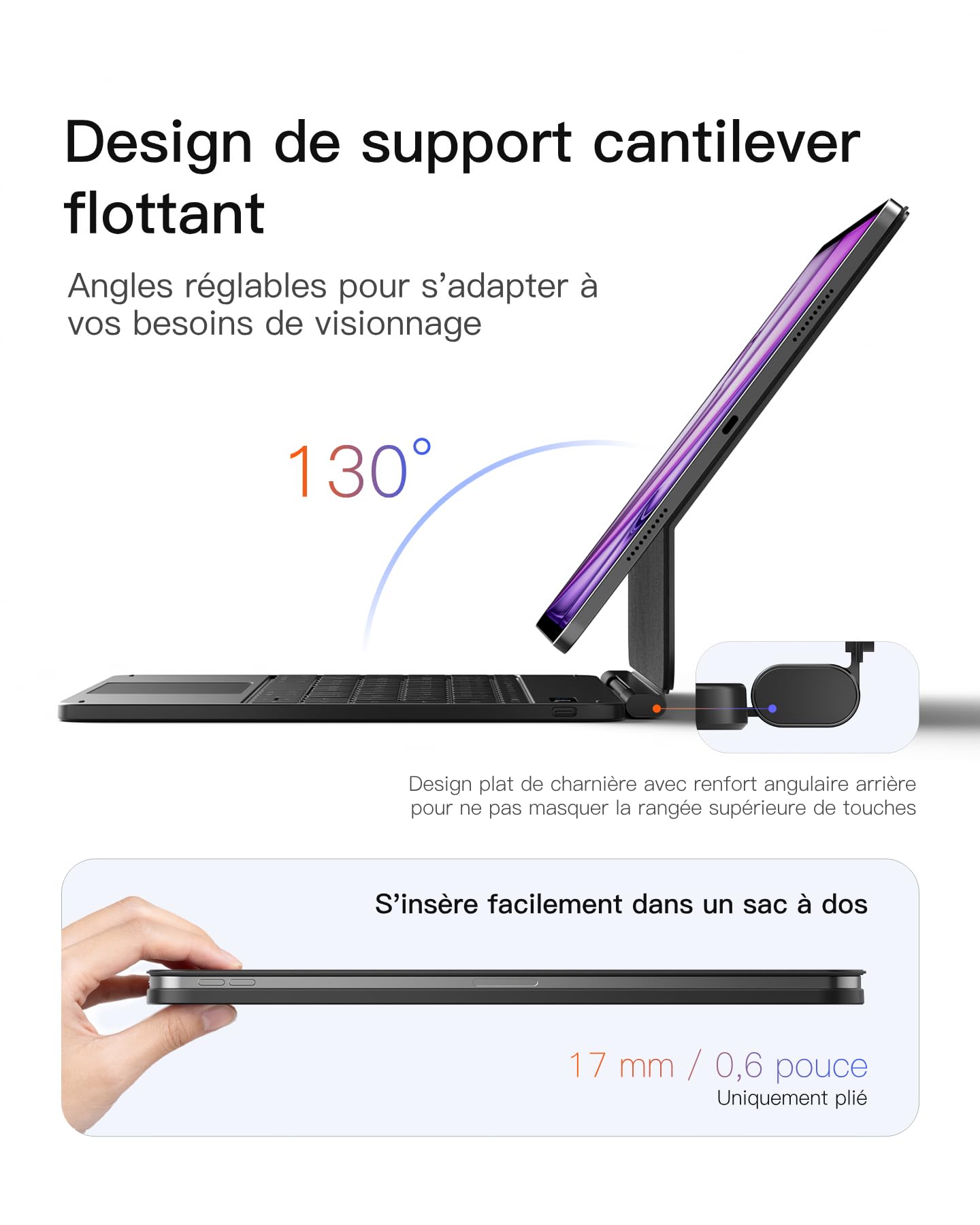 Inateck Coque Clavier iPad Air 13", Charnière Plate, Grand Pavé Tactile