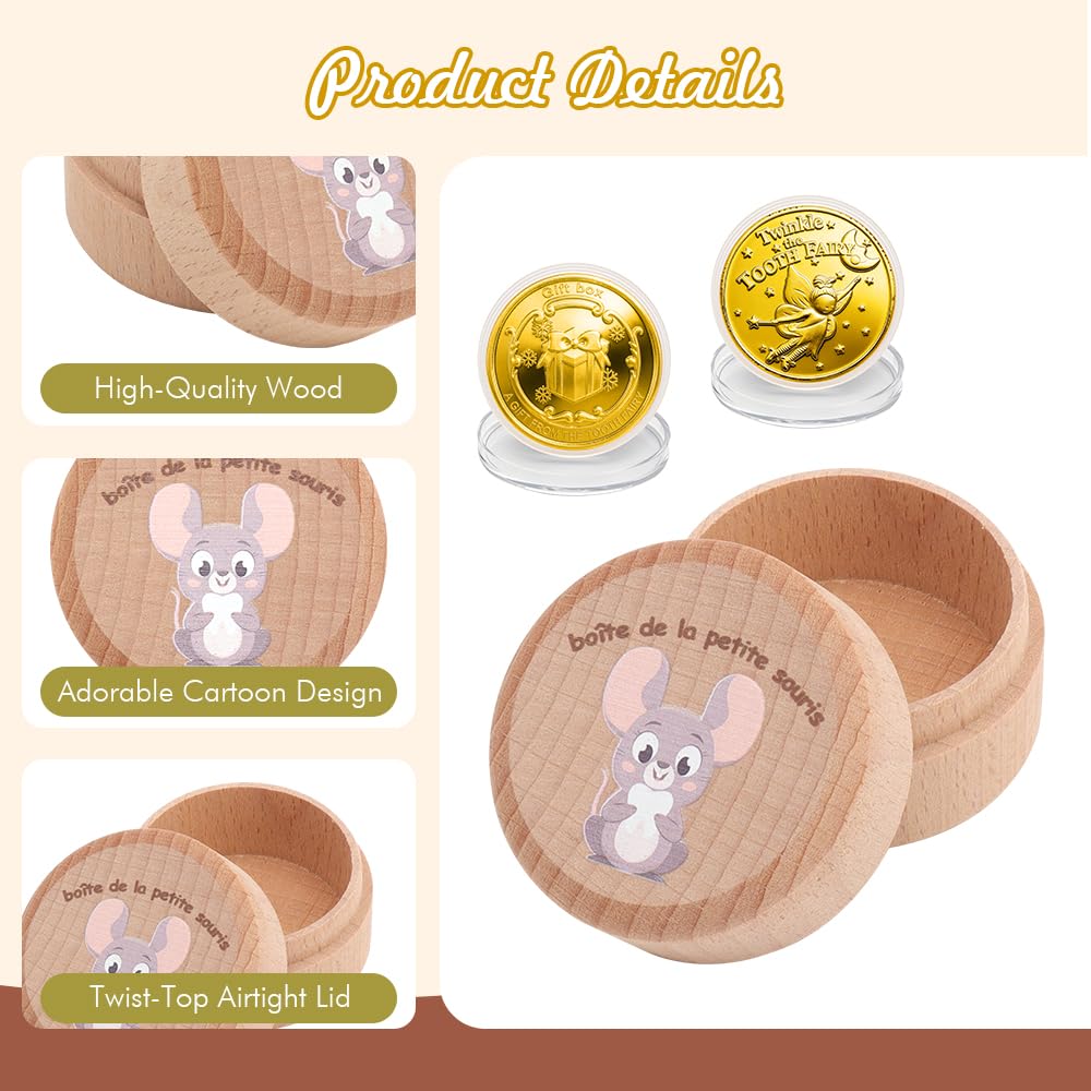 WALLFID Caja Dientes de Leche Ratoncito Pérez para Niño y Niña, Cajita de Madera con Motivo Ratón Colorido, Incluye Tarjeta y Moneda,Acumulación de Dientes — view 9