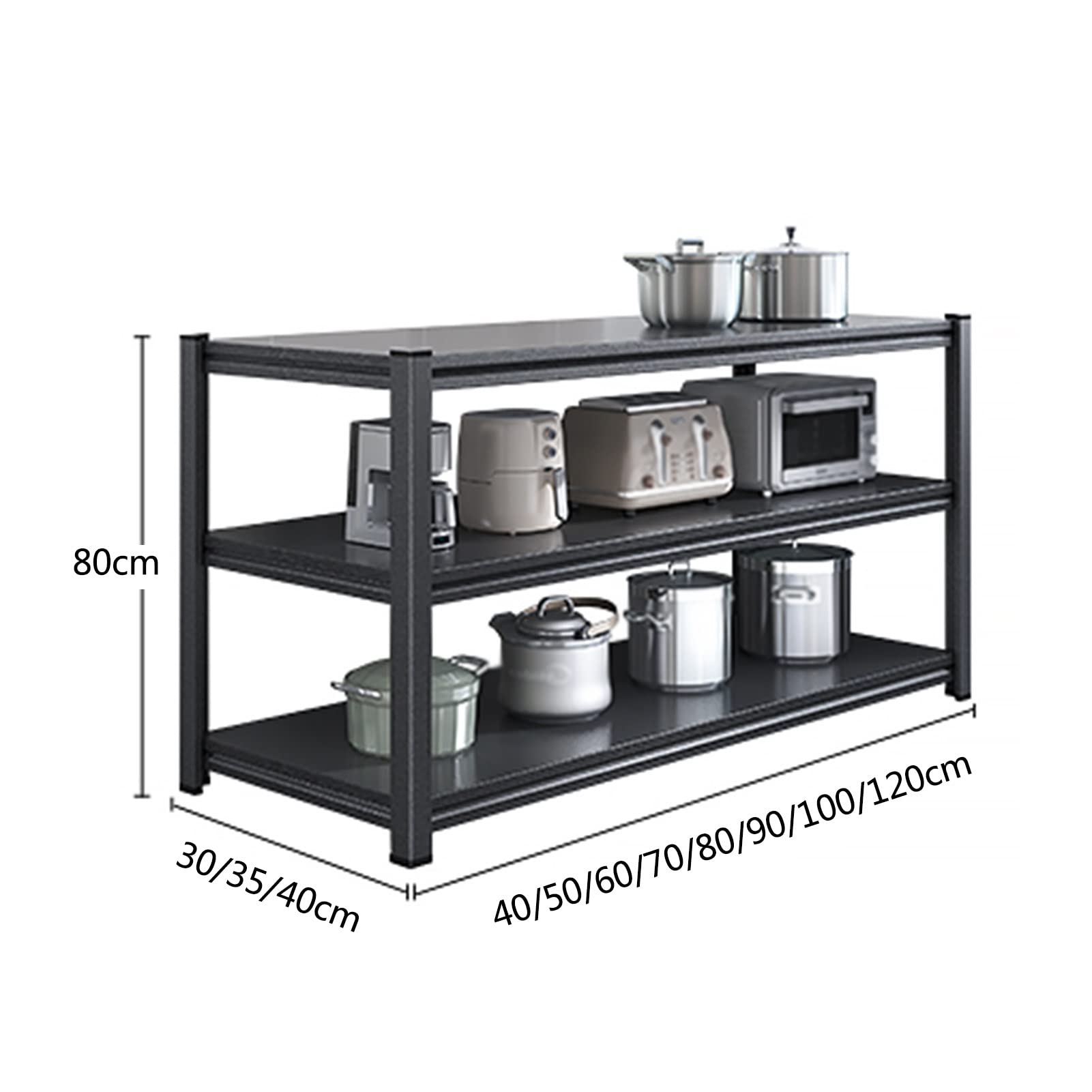 3-stöckig Küche Lagerregal, Schwerlast Höhenverstellbar Stehen Metall Regale, Küche Garage Büro Heim Wasserdicht Organisation Gestell (Farbe : Schwarz, Größe : 40x35x80cm)