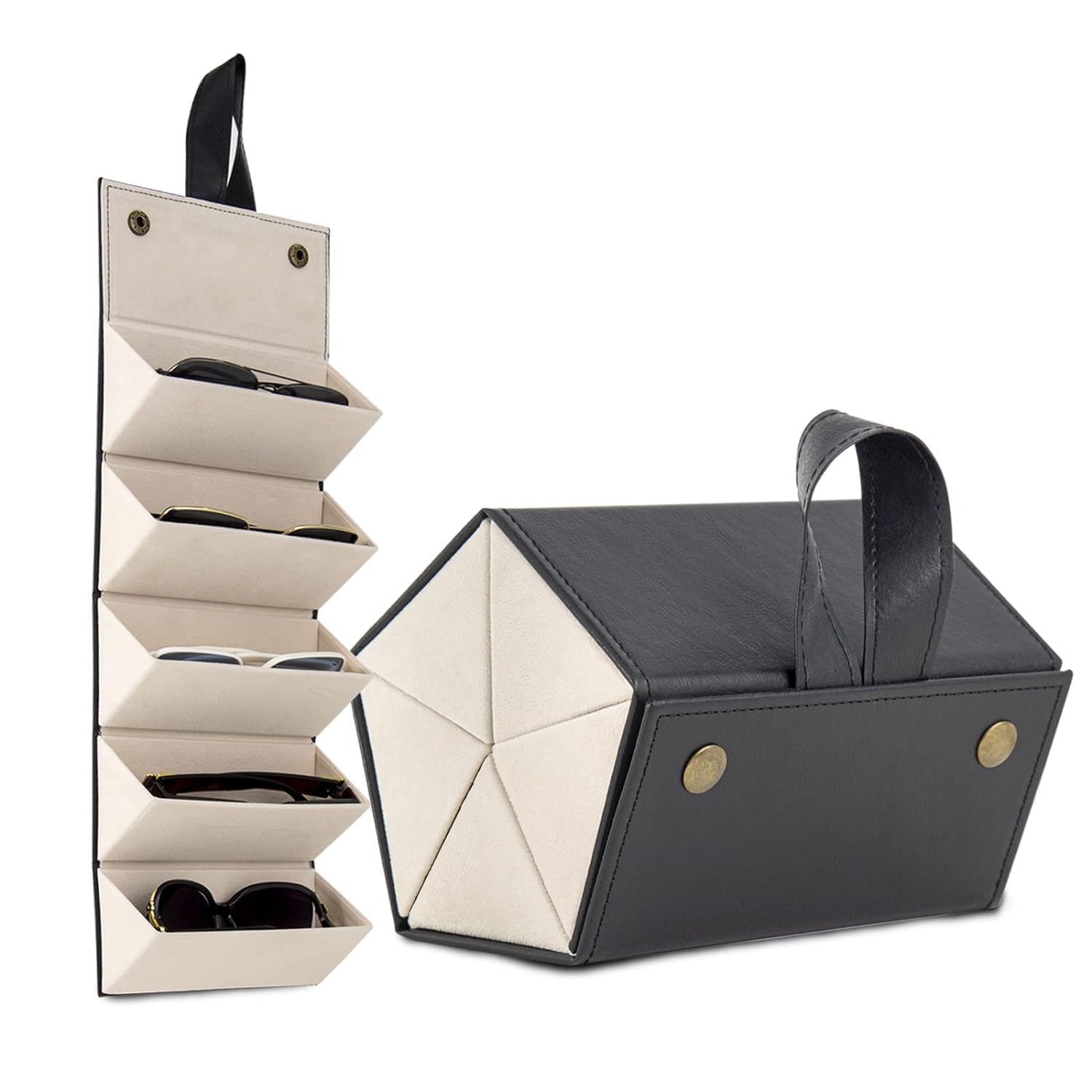 Sunglasses Travel Organizer Case - Foldable 5 Slots glasses case, PU Leather Hanging Eyeglasses Storage Box-image-11