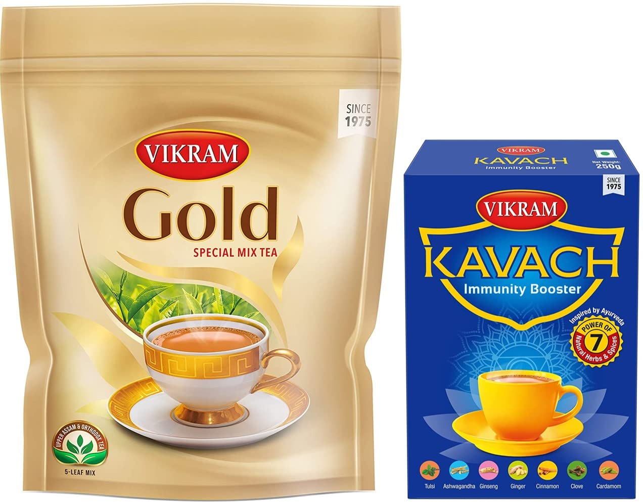 Vikram Tea Combo (Pack of 2) - Vikram Gold Special Mix Tea (Pouch) - 1Kg | Vikram Kavach Immunity Booster Tea (Box) - 250gm (B0B79WJZQP) Amazon Price History, Amazon Price Tracker