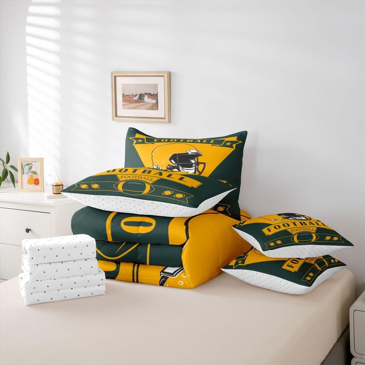 Loussiesd Calcio Piumino Letto Con Lenzuola 7 Pezzi 264X229cm(7-piece Set),green Bay Letto Trapuntato,american Football City Regali Per I Tifosi Di Calcio