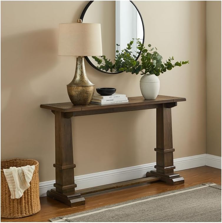 HomeStock Coastal Cottage Sofa Console Table for Hall Entryway or Living Room with English Trestle Base 30.25" H x 50" L x 15" D Inches Dark Oak