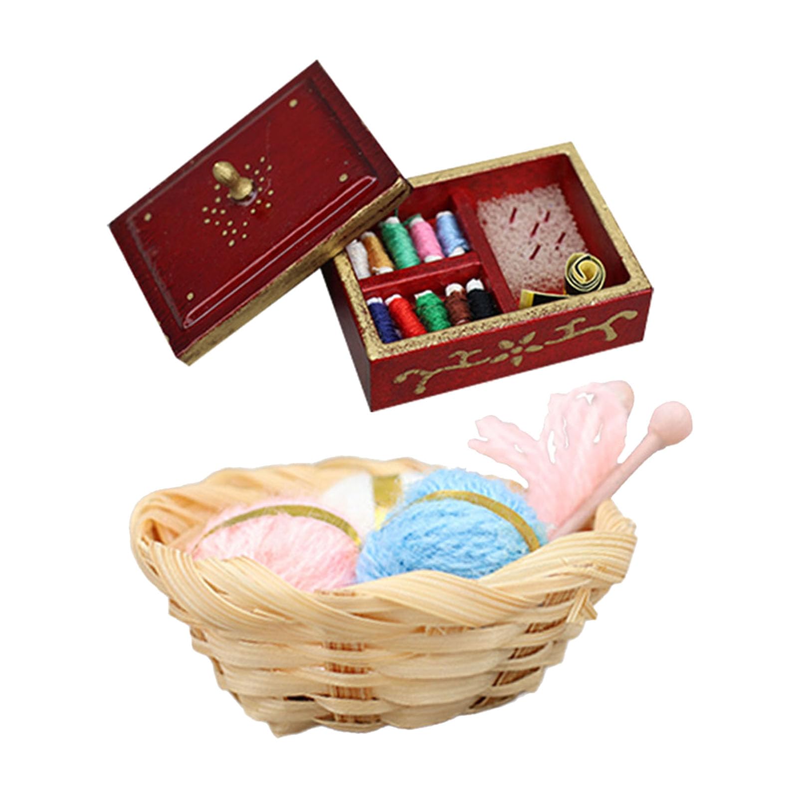 Kalttoy Dollhouses Accessory Miniature Sewing Kits with Yarn Basket and Tool Set Realistic Scene Display Decoration Craft Kits Miniature Sewing Box for Dollhouses