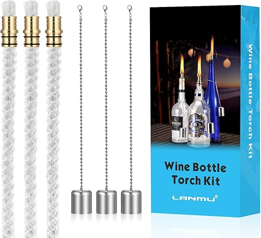 LANMU Wine Bottle Torch Wicks, Outdoor Patio Backyard Torches Lights, Oil Lamps Replacement Wick Hardware Kit, DIY Homemade Torch Decor (3 Pack)