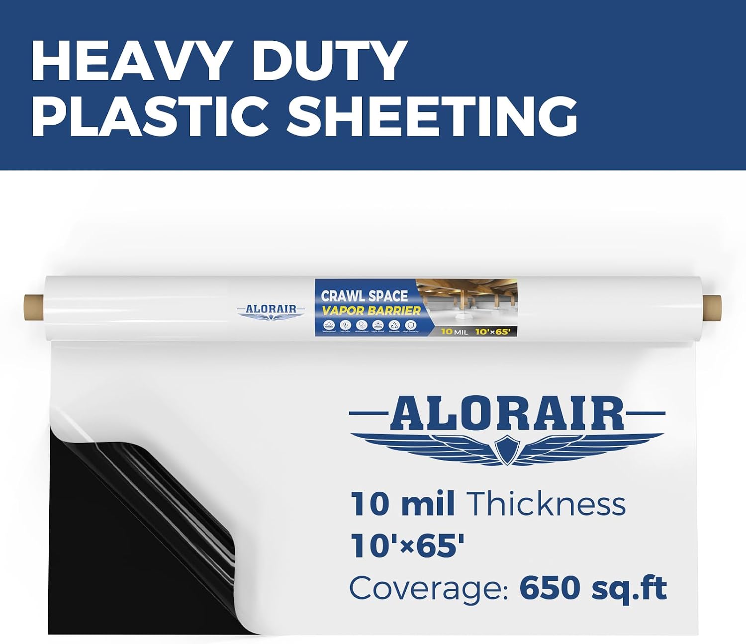 ALORAIR Crawl Space Vapor Barrier 10 mil 10'x65', Drop Cloth Vapor Barrier Covering for Crawlspace Encapsulation Moisture Control, Thick Plastic Sheeting Heavy Duty, Black and White Panda Film