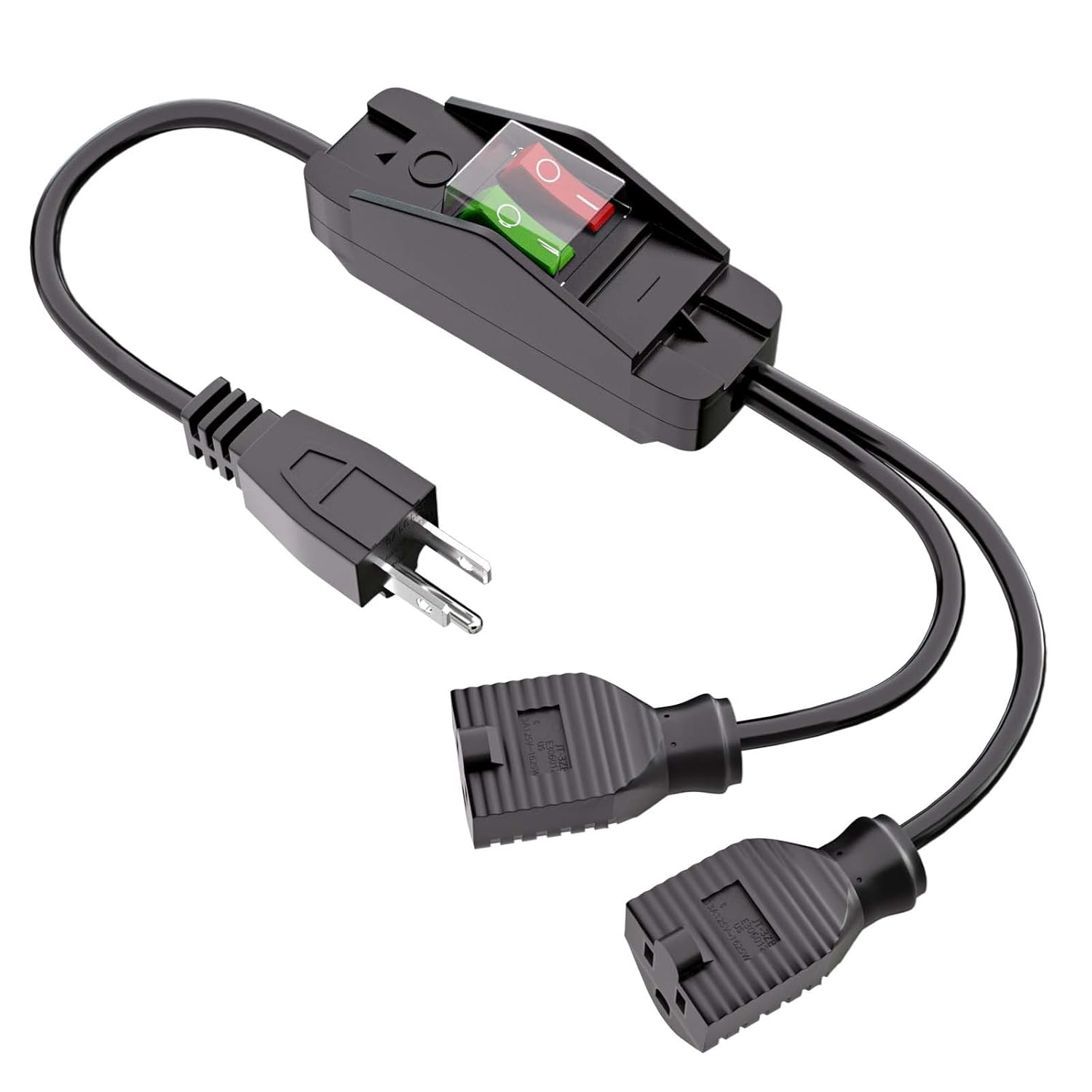 2 Way Extension Cord Splitter with On/Off Switch, HICITY Outdoor Heavy Duty 2-Wire Adapter, Dual Gauge (14AWG 15A & 18AWG 10A), 1.6Ft SJTW Weather Resistant Power Cable (Black)