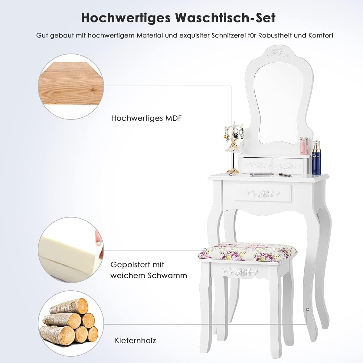FANTASK Vintage Schminktisch Set mit abnehmbarem Spiegel, Kleiner Makeup Tisch mit 3 Schubladen und gepolstertem Hocker, Kosmetiktisch Frisiertisch Schminkkommode in Weiß