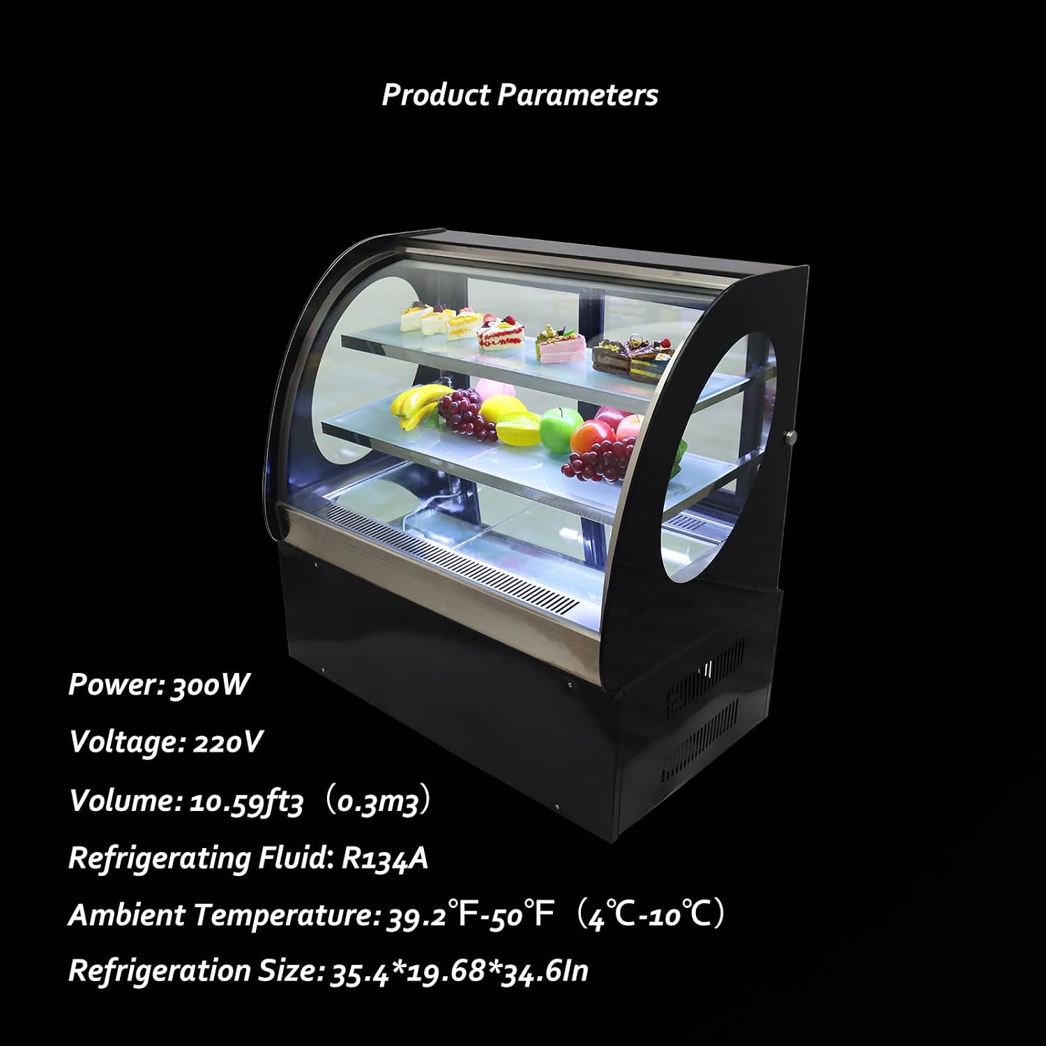 220V Countertop Refrigerated Cake Display Case with Digital Temperature Control and Curved Glass, 10.59 Cu Ft Commercial Cake Cooler Display, Stainless Steel Body, LED Lighting
