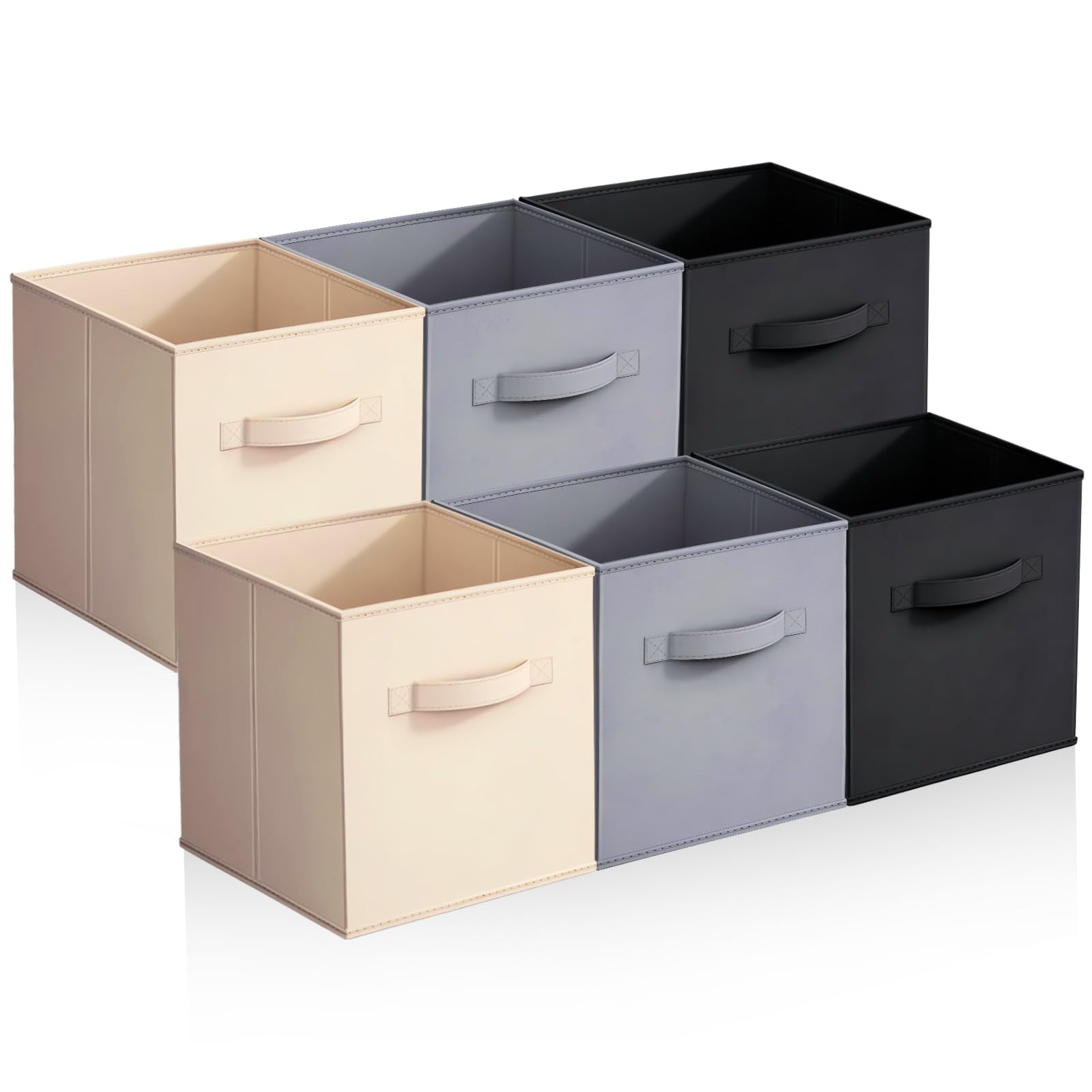 Dyuee Neutral Fabric Storage Cubes 6Pcs Foldable Organiser Boxes 28X28x28cm Collapsible Storage Bins With Handles Easy-Assembly Storage Baskets For Shelves Wardrobe Clothes & Bedroom Organisation (Neutral)