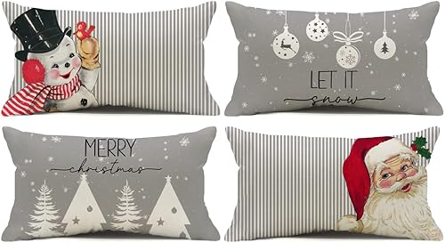 Juego de 4 fundas de almohada decorativas de Navidad de 12 x 20 pulgadas, diseño de rayas grises, Papá Noel, muñeco de nieve, copo de nieve, feliz