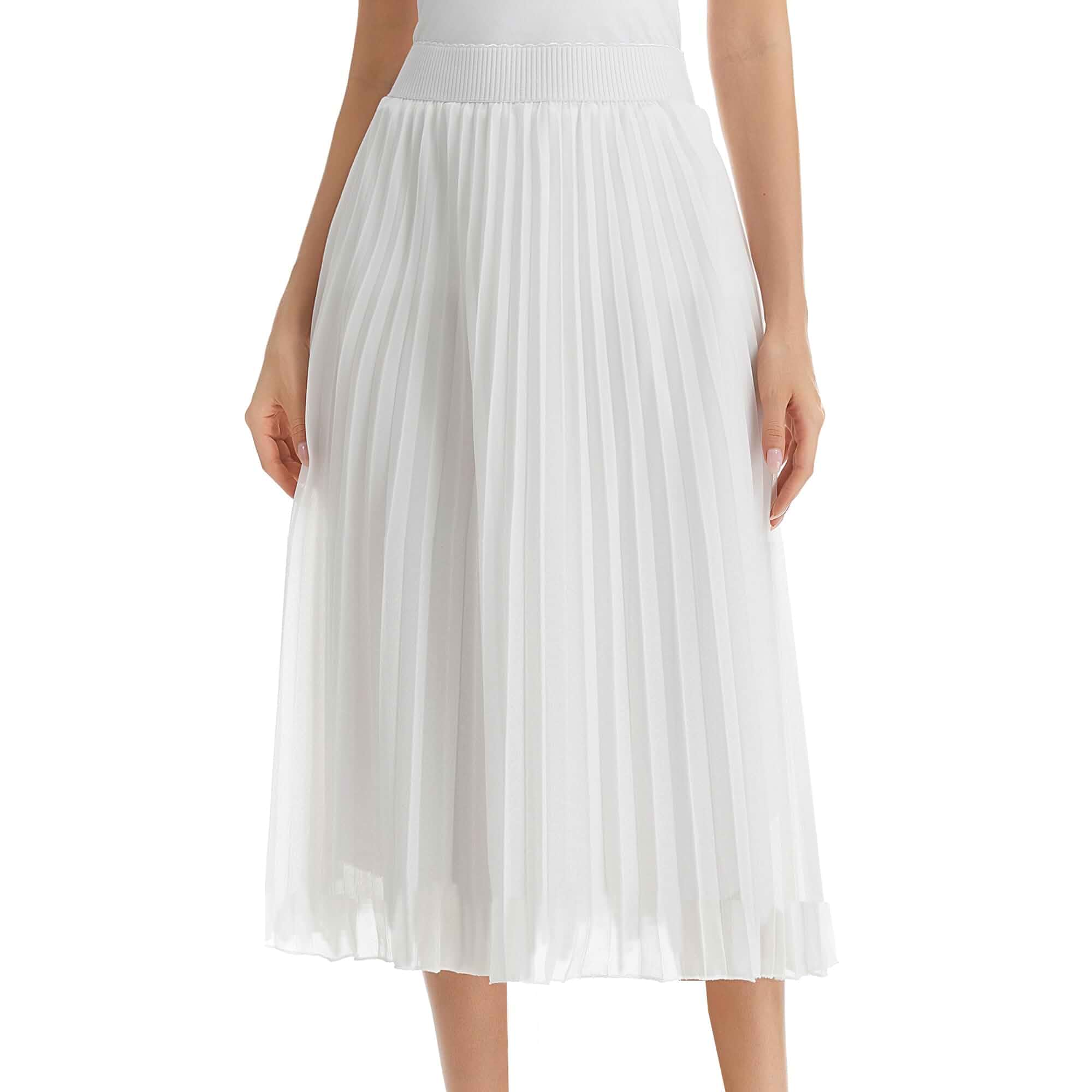 TEERFU Womens Chiffon High Waist Skirt Pleated A-Line Swing Elastic Shirring Midi Length