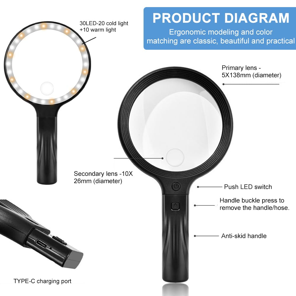 KBIBCK Hands Free Magnifying Glass, 5X 10X Neck Wear Magnifying Glass with Light, Flexible Gooseneck Magnifier, USB Rechargeable Hands Free Reading Magnifying Glasses for Seniors, Reading, Close Work - Image 4