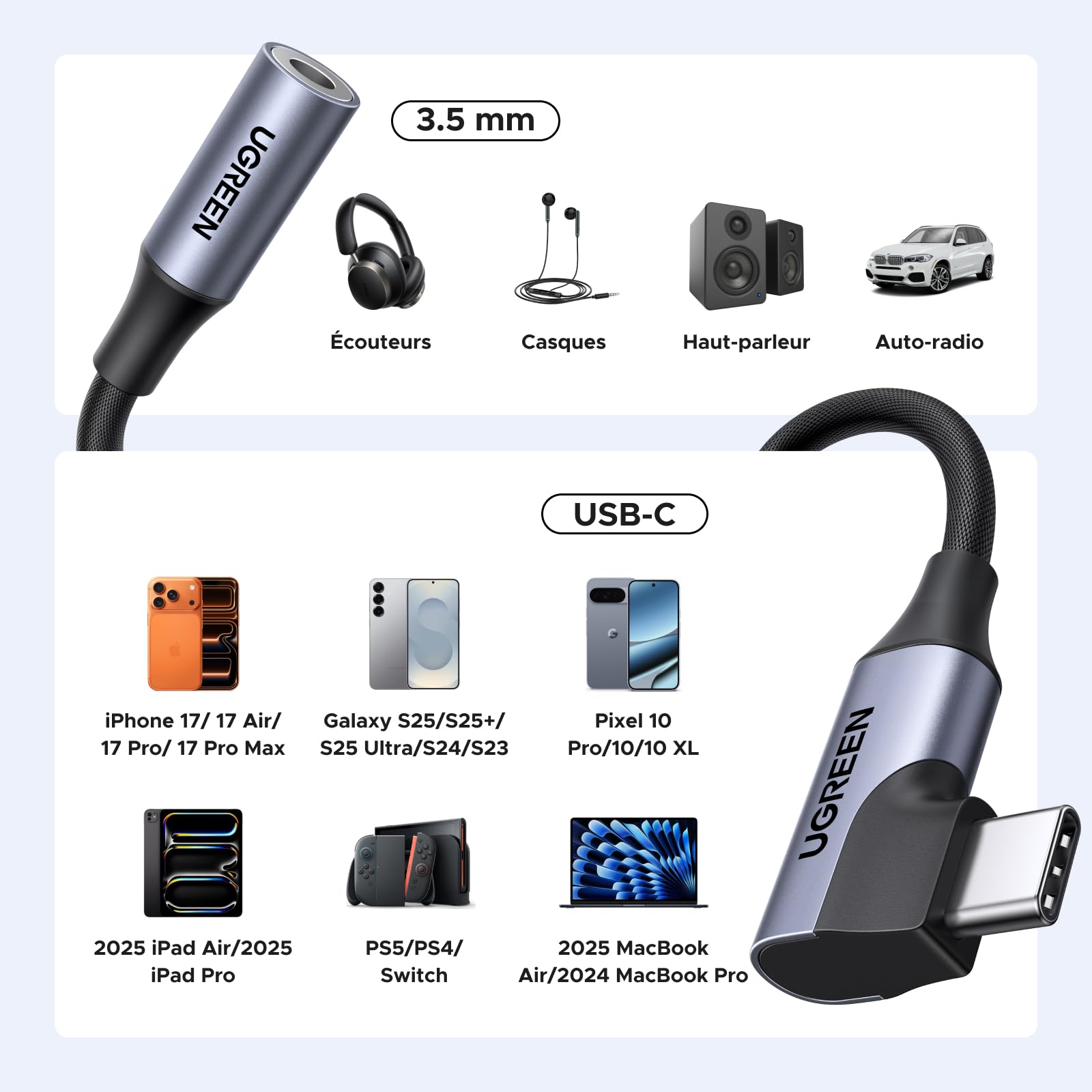 UGREEN Adaptateur USB-C vers Jack Audio 3,5 mm à Angle Droit 90 Dépenser avec Puce DAC, Compatible avec iPhone 17/17 Air/17 Pro/17 Pro Max, Série Galaxy S25, iPad, Mac