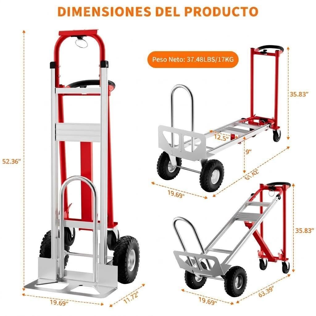Carretilla Plegable de Aluminio, Carga Máxima 350 kg, Carrito de Ttransporte con Ruedas Macizas Grandes, Carrito Manual para Hogar, Jardín, Almacén y Granja, Rojo