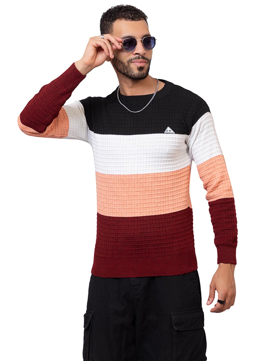 prashar Men’s Full-Sleeve Textured Knit Sweater | Stylish Multi-Stripe Pullover with Ribbed Cuffs & Hem | Soft & Breathable Casual Winterwear Outfits-picture-54