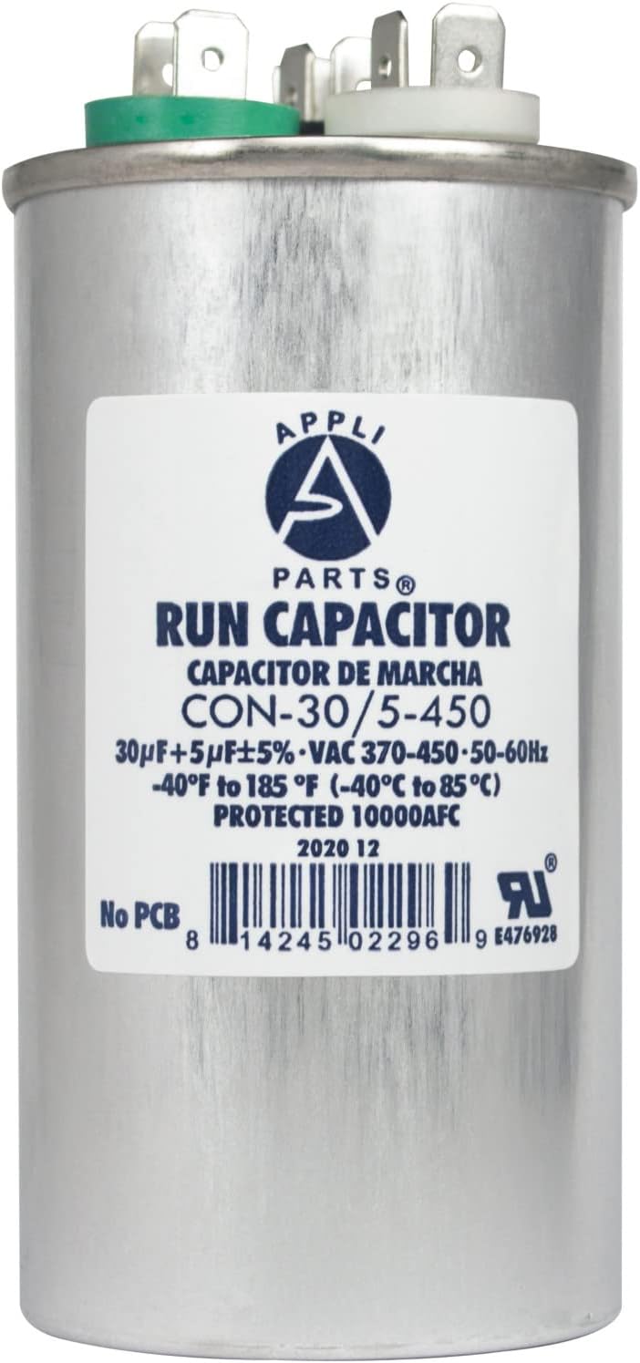 Appli Parts Condensador Capacitor de Marcha 30+5 Mfd uF (microfaradios) 370VAC o 450VAC CBB65 Universal Aire acondicionado y otras aplicaciones Redondo UL E476928 10.8cm Alto 5cm Ancho CON-30/5-450