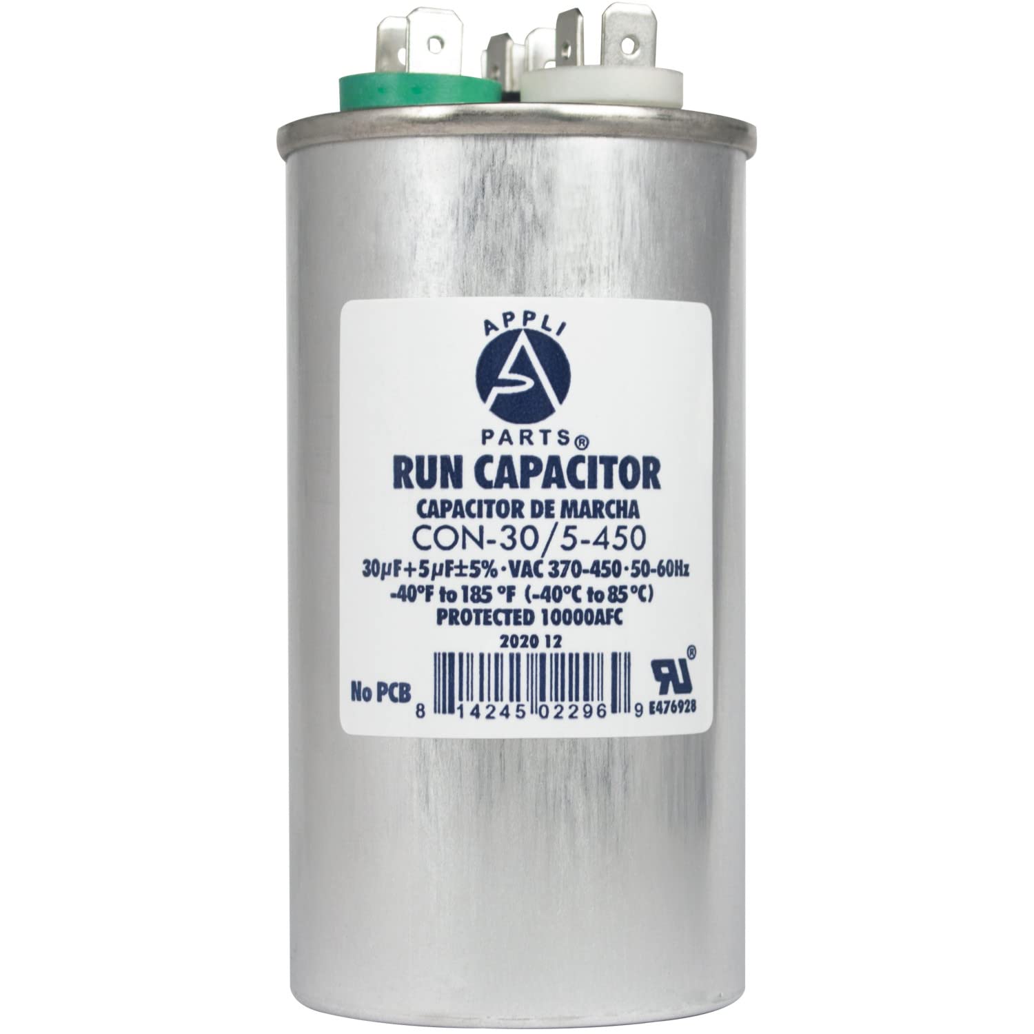 Appli Parts Dual Run Capacitor for ac 30+5 Mfd uF (microfarads) 370VAC or 450VAC CBB65 Round Universal fit for hvac and other applications 4-1/4 in High 2 in Wide CON-30/5-450