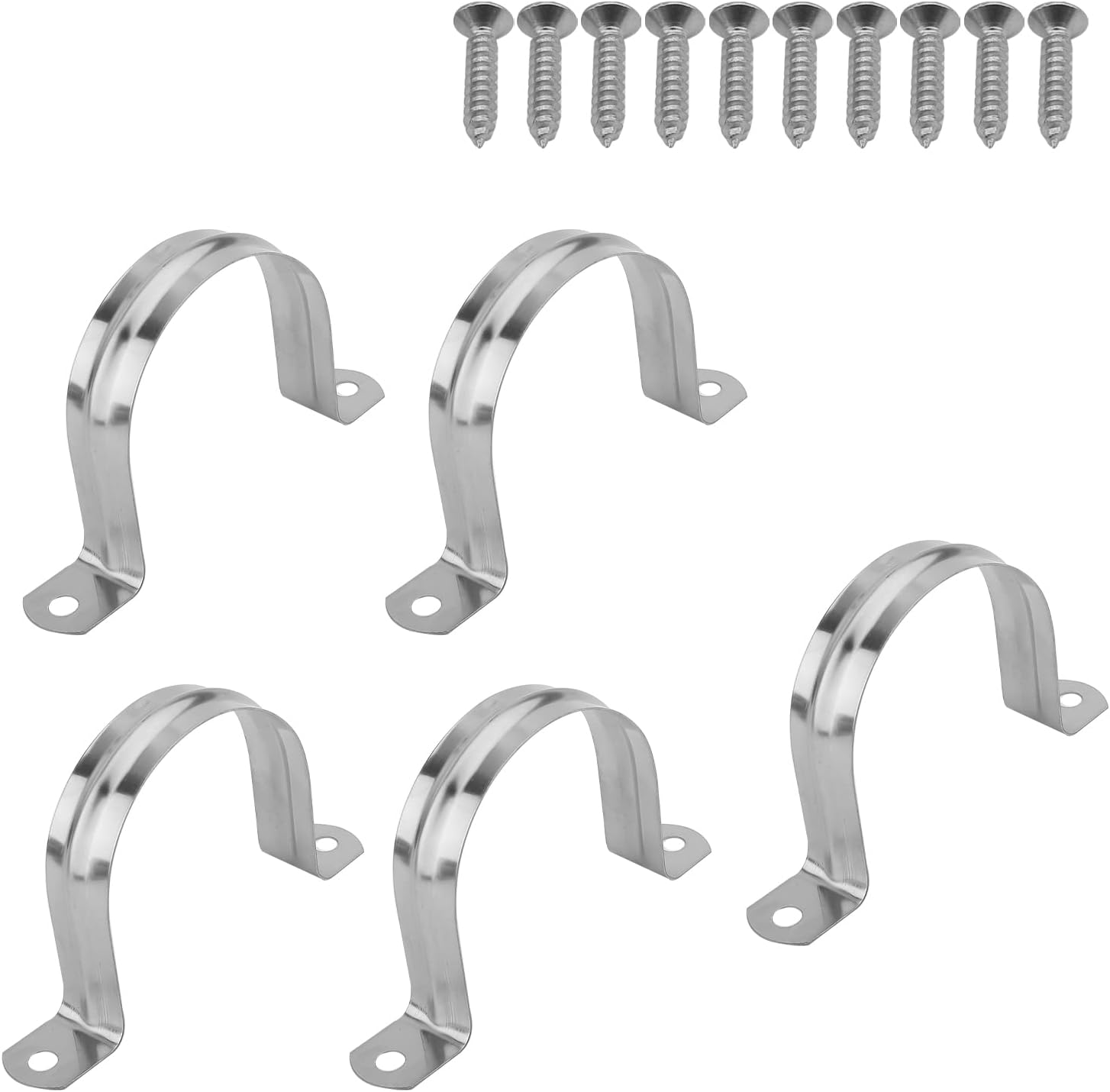 Bettomshin 60mm(2.36") Rigid Pipe Strap, 2 Holes Tube Straps 304 Stainless Steel Tension Tube Clip Clamp, 5Pcs