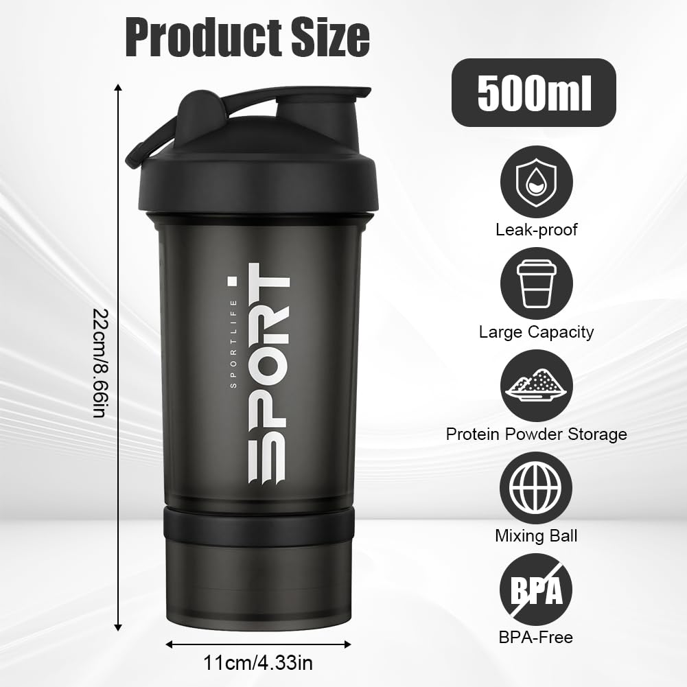 Shaker proteinowy, 2 sztuki, 500 ml, shaker proteinowy, shaker fitness z 2 kulkami do mieszania ze stali nierdzewnej, nie zawiera BPA, ze skalą pomiarową do proteinowego shake'a (G czarny +