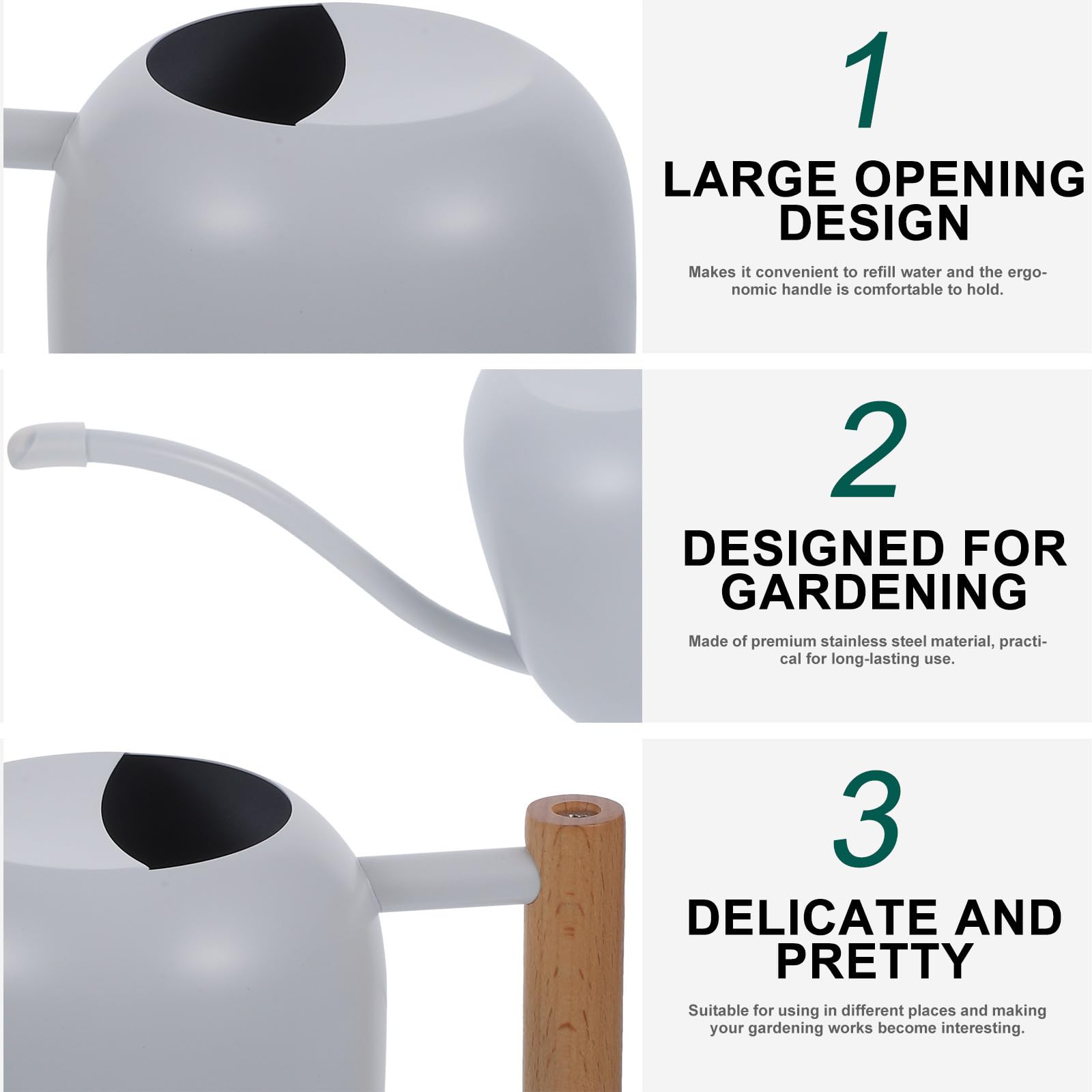 Alipis Arrosoir à Fleurs Arrosoir Plantes D'intérieur Long Bec en Acier Inoxydable et Bois, 1,2 L, Blanc, pour Plantes et Fleurs, Intérieur et Jardin, Facile à Remplir, Anti-débordement