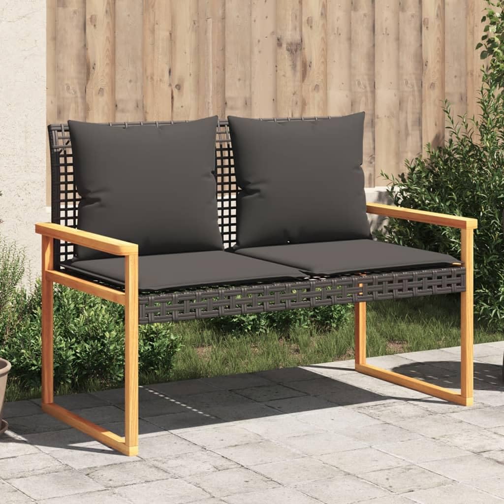 Banco de jardín con cojín de polirratán negro de madera de acacia, juego de 2 asientos para exteriores con fundas extraíbles, cómodo acolchado para terraza y balcón, marco de acero duradero