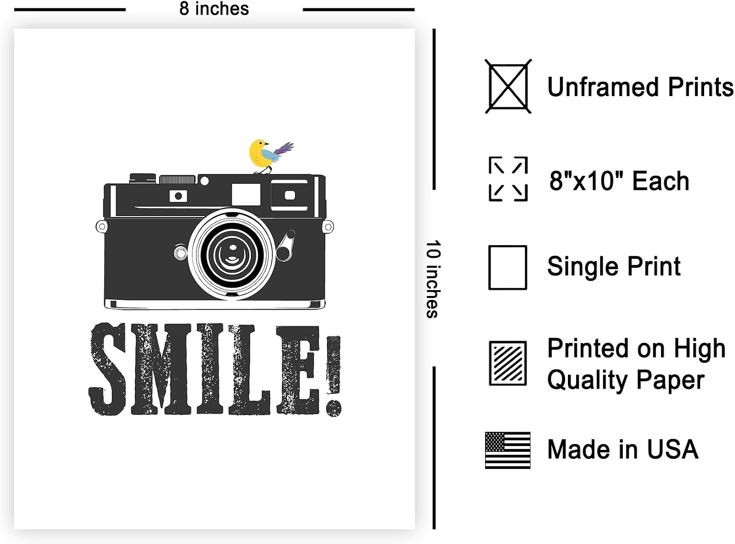 Poster Master Smile for Camera Poster - Smile Print - Photography Art - Bird Art - Gift for Men, Women & Photographer - Minimal Wall Decor for Bedroom, Living Room or Studio - 8x10 UNFRAMED Wall Art