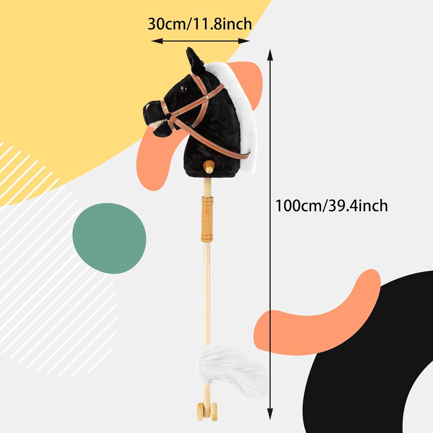 Morytale Stick Hobby Horse Riding Toy, Plush Horse for Toddlers Ages 3+, Ride On Toy Fun Pretend Play with Wooden Wheels and Real Pony Clip-Clop Sounds - Black, 39 Inches