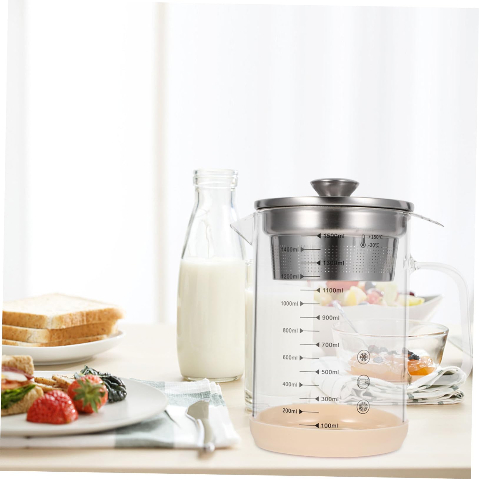 SOLUSTRE Caraffa in Vetro 1500ml Filtro a Maglia Fine in Acciaio Inox e Silicone, Utile Strumento da Cucina per Filtrare Latte di Soia e Succhi