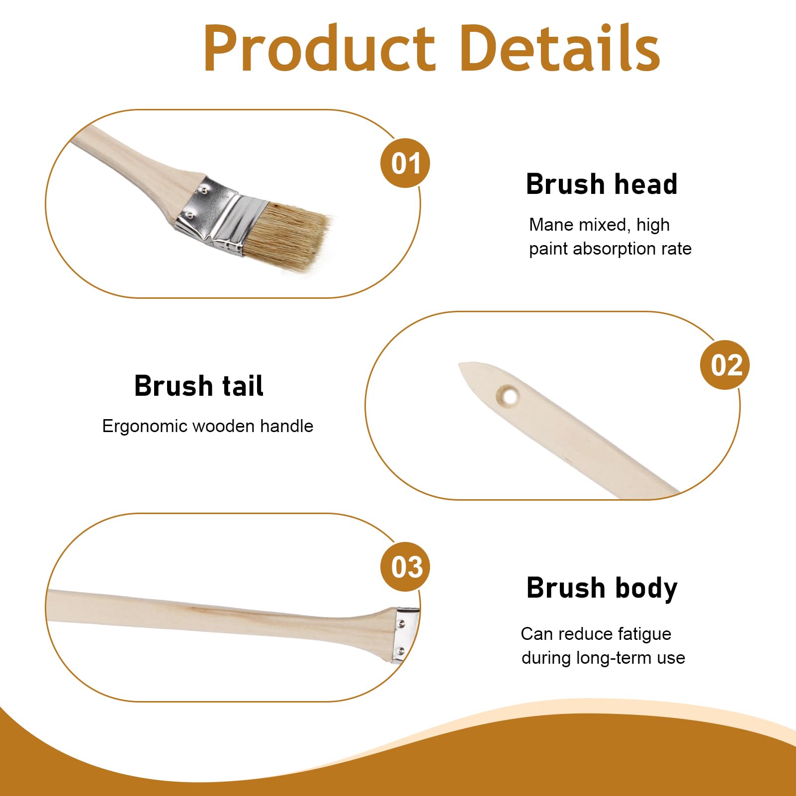 Lot de 5 pinceaux coudés de 40 mm avec long manche en bois pour radiateur pour couper et bordurer, mélange de poils synthétiques et naturels pour murs, garnitures, meubles, clôtures, zones étroites
