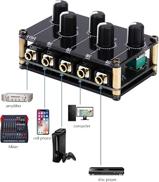 Low Noise 4 Channel Line Mixer 4 Stereo Channel Stereo Passive Mixer No External Power Required