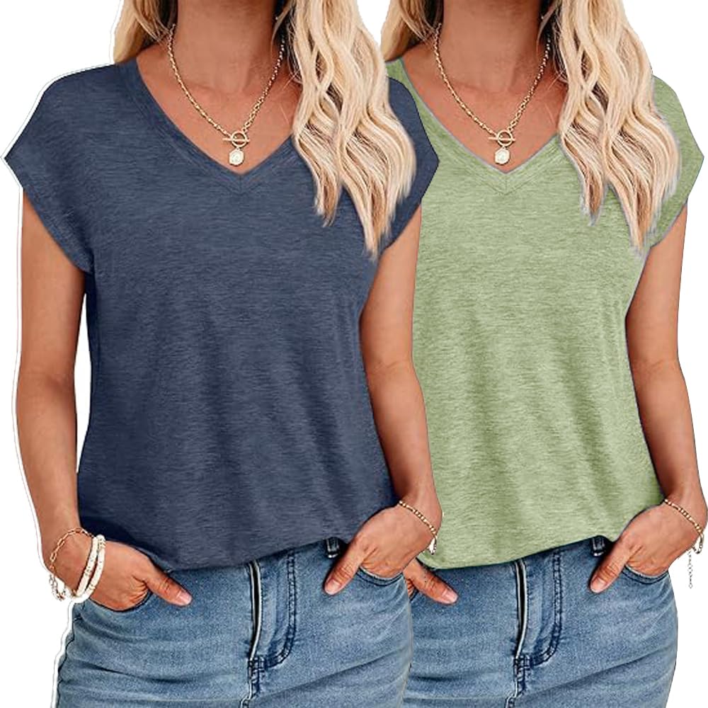 YUTILA t-shirts d'été décontractés pour femme - Couleur unie - Manches courtes - Col en V - Décontracté