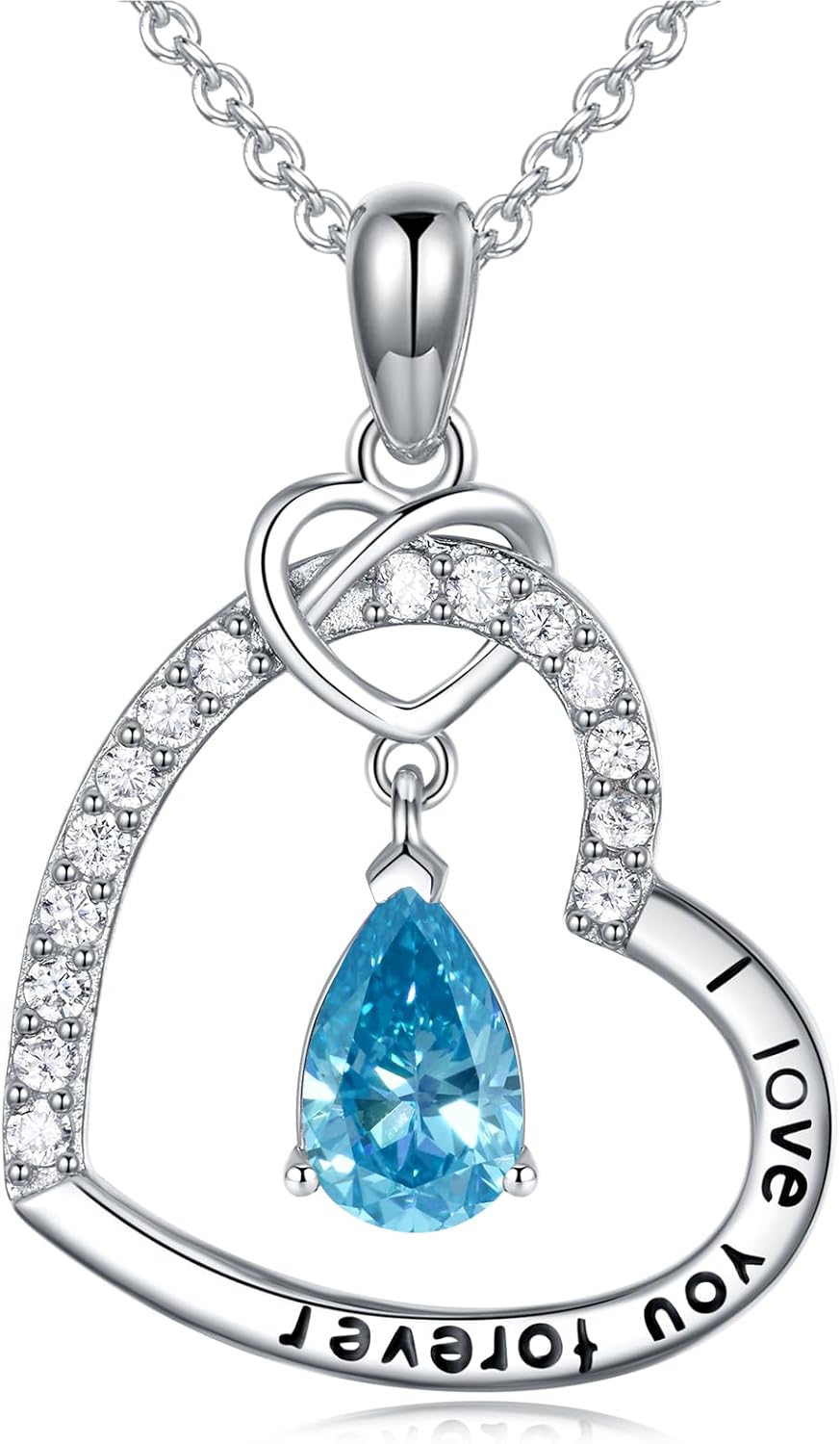 Heart Necklaces 925 Sterling Silver Birthstone Heart Pendent Necklace I Love You Forever Jewelry Gifts Women Wife Girlfriend Mom Birthday Anniversary Mother's Day Gifts