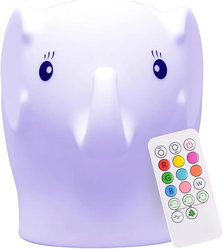 LumiPets Eggbert the Elephant - Luz nocturna blanda para niños Luz nocturna de silicona con grifo, control remoto, luz de animales recargable que