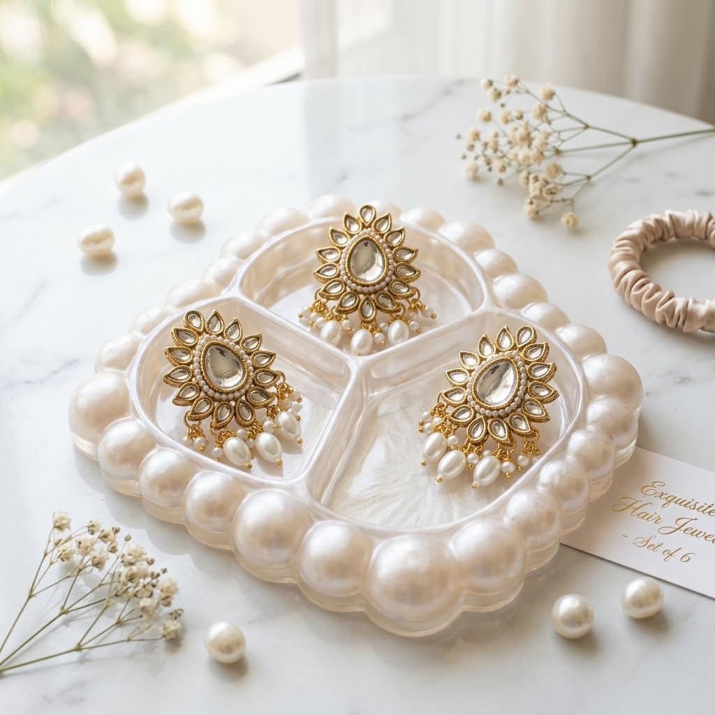 Kundan Polki Bridal Braid Hair Pins Set of 3 for Women | Teardrop Mirror Glass Choti Clips | Sunburst Gold-Tone Frame with Pearl Drop Fringe | Indian Bridal Braid Jewellery | Wedding Fishtail Plait Hair Accessory-image-32