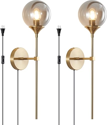 Miniatura 11 de BOKT Juego de 2 apliques de pared con forma de globo de vidrio de burbujas transparente, juego de 2 apliques de pared modernos de latón dorado de